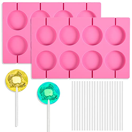 2x8 Capacity Round Silicone Lollipop Molds,Nonstick Chocolate Hard Candy Mold Silicone Sucker Mold with 20 Sticks for Hard Candies,Chocolate,Bread,Jellies,Suction Cup,Etc - color: 2P