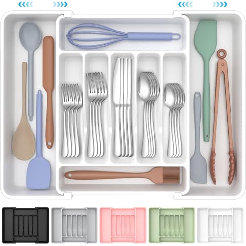 ukeetap Extra Large Expandable Silverware Organizer, Flatware Tray,White - color: White
