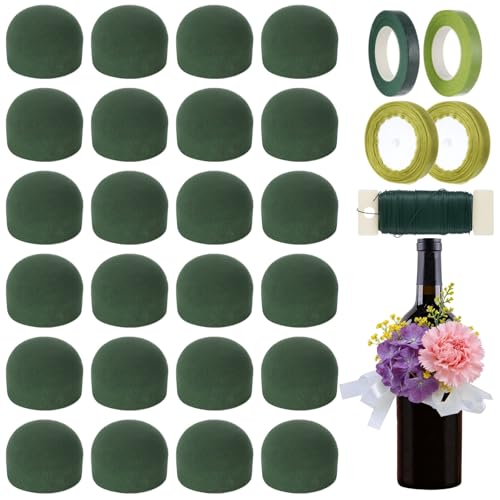24 Pcs Mini Floral Foam Holder Set, Round Floral Foam Blocks with Florist Wire, Green Tape and Ribbon, Flower Arrangement Supplies for Wine Bottle Decor, DIY Craft