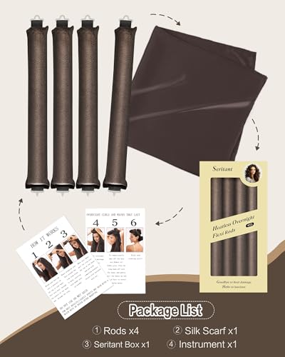 Seritant Heatless Curls Overnight with Satin Head Scarf, Velvet Hair Rollers for Blowout Look, No Heat Curling Rod for Long Thick Hair, Soft Sleep In Flexi Rods - color: Brown