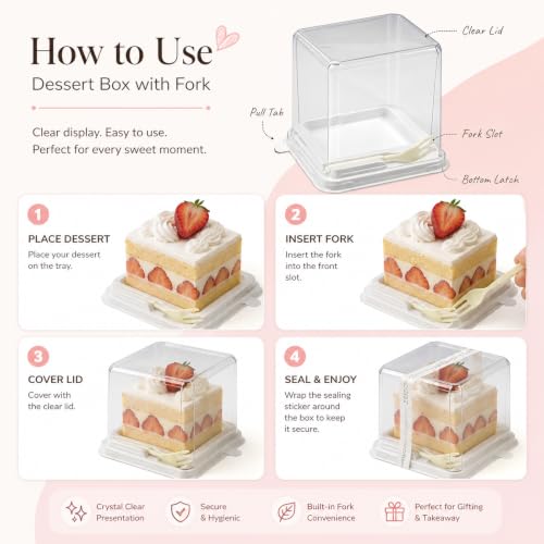100 Pieces Cake Slice Plastic Containers with Disposable plastic fork and Stickers,4.3 Inches Hinged Lid Cheese cake Container,Cupcake containers,individual cupcake containers, Bakery and Cafe