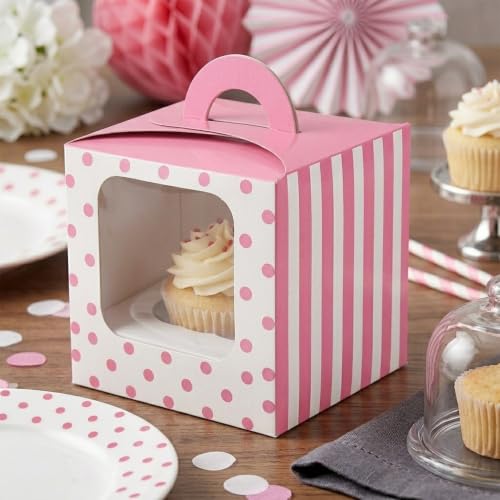 Pink Polka Dot Cupcake Boxes with Window and Handles, 24 Count