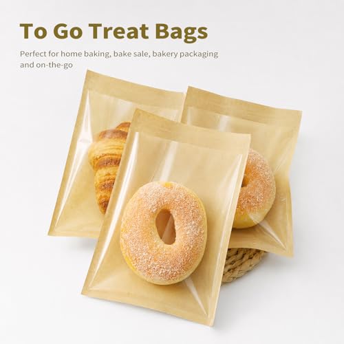 100 Pack Self Sealing Cookie Bags with Seal, 5.7x6.5 Inch Kraft Paper Bakery Bags with Window, Grease Resistant To Go Sleeves for Bake Sale Pastry, Brownie, Treat, Baked Goods Packaging - size: 5.7" x 6.5"