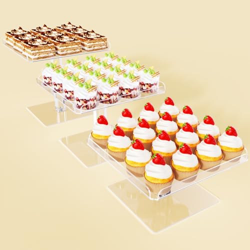 Bakzon 3 Piece Cupcake Stand, Acrylic Dessert Table Display Set, Clear Square Serving Trays for Birthday, Wedding, Baby Shower
