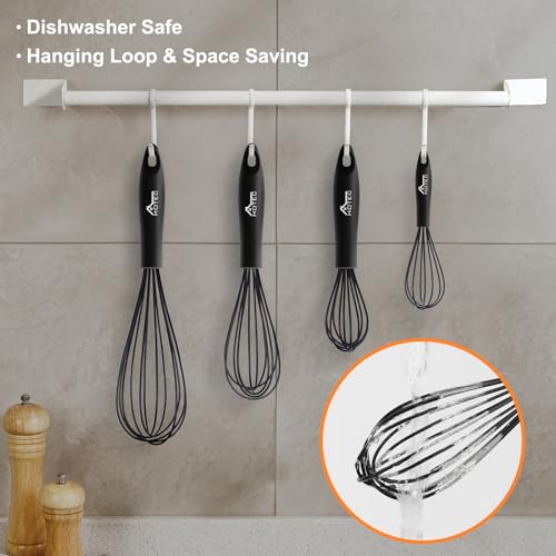 HOTEC 4Pcs Silicone Whisk Set, Wire Balloon Whisks for Cooking Egg Beater - color: Black