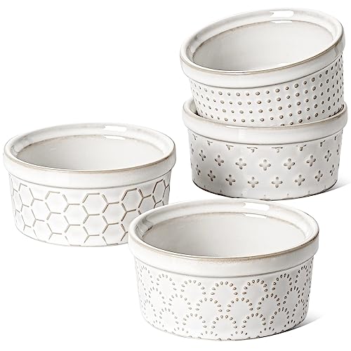 LE TAUCI Ramekins 4 oz Oven Safe for Creme Brulee, Charcuterie Boards Bowls for Souffle, Small Sauce Bowl, Ceramic Baking Dishes - 3.8 inch, Set of 4, Arctic White - size: 4 oz