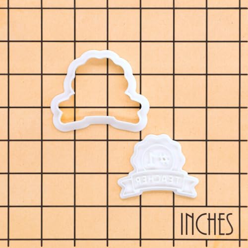 BAKERLOGY Number 1 Teacher Badge Mini Cookie Cutter & Stamp Set – Award Ribbon Fondant Embosser for Cookies, Cupcake Toppers, Biscuit Decorating, Teacher Appreciation, Thank You, School, Graduation