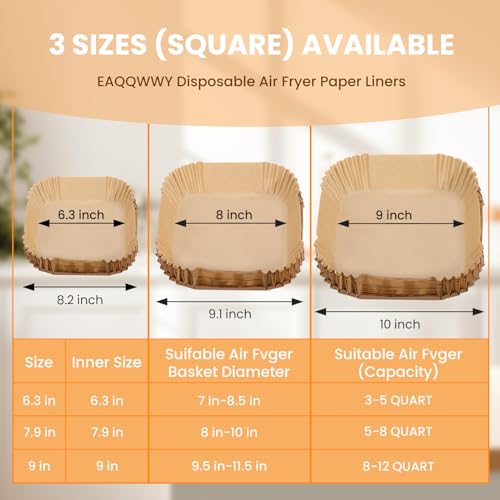 Disposable Air Fryer Paper Liners, 100 Pieces Square Liners for Air Fryer, Parchment Paper for Microwave, Food Grade Non-Stick Airfryer Basket Bowl Liner Free of Bleach (9IN-Square) - size: 9 inches