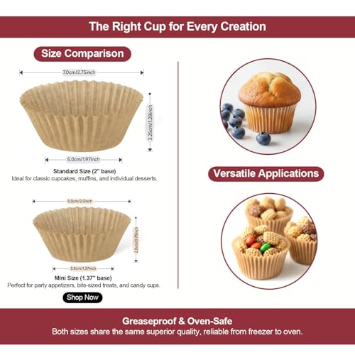 400 Pcs Mini Natural Cupcake Liners, Muffin Paper Baking Cups - color: Natural