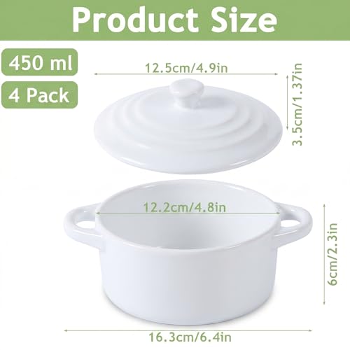 4 Pcs Mini Cocotte Set, 16 oz Individual Baking Ramekins, White