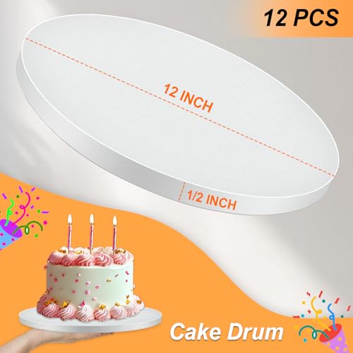 12 PCS Cake Drums 12 Inch Round, 1/2 Inch Thick Cake Boards, Food-Grade White Cardboard Cake Bases for Layer Cakes, Weddings, Birthdays & Bakery Use - size: 12 Pieces 12 inch