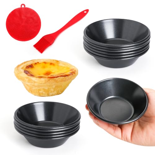 12 pcs Egg Tart Molds, Quyimy 3" Mini Tart Pans, Non-Stick Carbon Steel Mini Tart Panw/Oil & Dish Brushes for Cupcake Cake Muffin Mold Tin Pan, Baking Set Tool for Cakes, Cookies, Desserts - color: Black 3-inch 12 Pcs