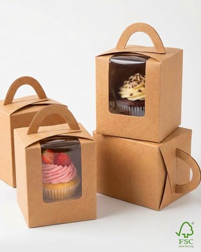 qiqee 100pcs Auto Pop-up Cupcake Containers Individual Brown Cupcake Holders Disposable Kraft Single Cupcake Boxes with Window 3.7"x3.7"x4.5" Cupcake Boxes - color: Brown, size: 100Pcs, One Holder