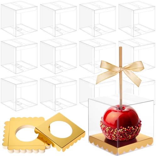 Weysat 100 Pcs Candy Apple Boxes, Gold Base Clear PET with Hole Top - color: Gold