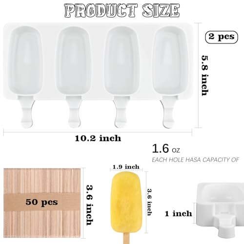 Sakolla 2 Pack 4 Cavity Popsicle Silicone Molds with 50 Wooden Sticks - size: 2 Pcs Large - White