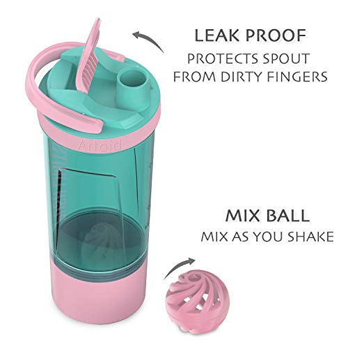 Artoid Mode Fitness Workout Sports Protein Shaker Bottle 24-Ounce, Dual Mixing Technology with Shaker Balls & Mixing Grids Included, Twist and Lock Protein Box Storage Included - color: Cream Pink/Aqua Green