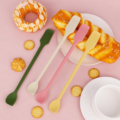 4pcs Mini Silicone Spatulas Set, Dual Sided Multifunctional Small Kitchen Scraper Long Spoon Reusable Stirrer for Jam Cake Cream Butter Icing Lotion (4 Colors) - color: color mixing