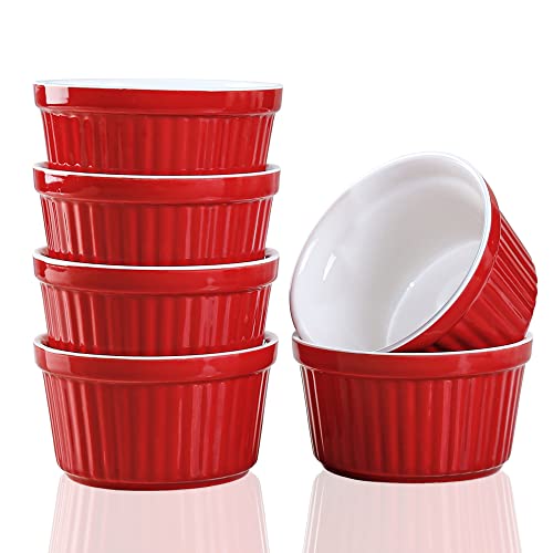 Ramekins 6oz Oven Safe,Creme Brulee Ramekin and Souffle Dishes,Porcelain Baking Bowls,Dipping Sauce Dish.Pudding Cups,Set of 6,Red - color: Red