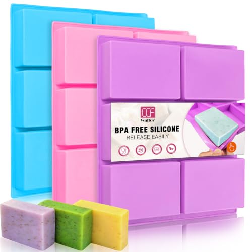 Walfos Silicone Soap Molds Set of 3, 6 Cavities Rectangle Silicone Soap Molds for Homemade Craft Soap Mold, Cake,Chocolate ＆ Ice Cube Tray（Blue & Purple ＆ Pink） - color: Pink+blue+purple/rectangle