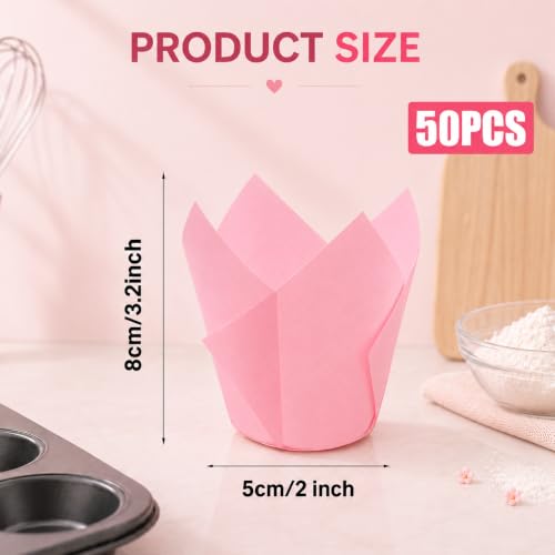 50 Pcs Pink Tulip Cupcake Liners for Baking, Muffin Liners - color: Pink