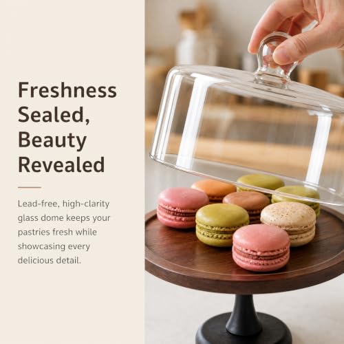 Glass Cake Stand with Dome, 11.5-Inch Bamboo Base, Dessert Display