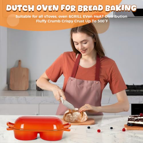 Double Dutch Oven for Sourdough Bread Baking, 2.6QT (Orange) - color: Orange
