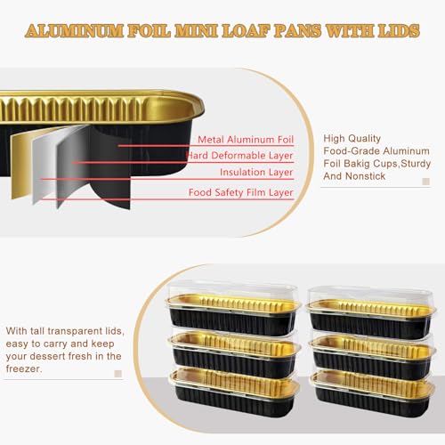 100 Pack Mini Cake Pans with Lids and Spoons, Mini Loaf Baking Pans 6.8oz, Small Disposable Aluminum Foil Loaf Pans, Rectangular Baking Container for Party and Picnics, Cheesecake Pan (Black) - color: Black