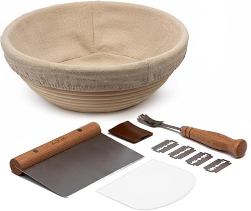 Kook Banneton Bread Proofing Set, Artisan Sourdough Bread Making Kit, 9 Inch Handwoven, Rattan Basket and Liner, Metal & Plastic Dough Scrapers, Scoring Lame & Case, 4 Extra Blades, Round - color: Round Shape