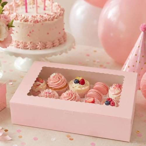 36pcs Auto-popUp Pink Cookie Boxes with Window,12x8x2.5 Inch Bakery Boxes|Sturdy Large Treat Box For Pies Chocolate Strawberries Donuts Pastry Dessert |350gsm Food-grade Thickness Cardboard - color: Pink/36pcs