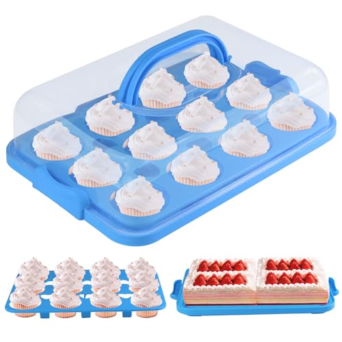 Cake Carrier with Lid, Cake Holder Cupcake Container for 12 Cupcakes 2 in 1 Portable Dessert Container for Pie Muffin Cobbler (Blue) - color: Blue