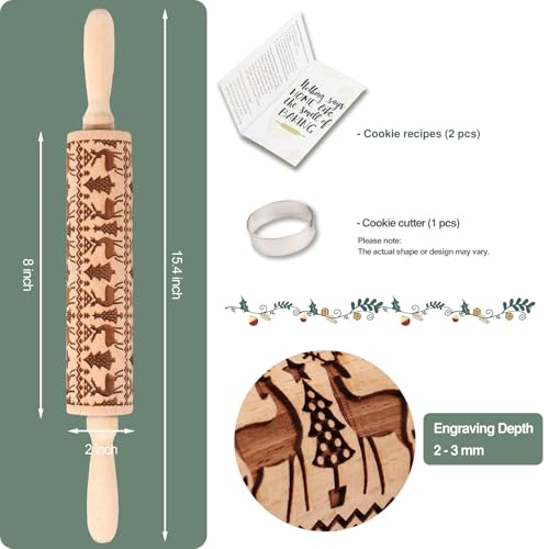 Christmas Embossed Rolling Pin for Baking Cookies Embossing Rolling Pins with Design Wooden Engraved Springerle Roller Pin Animal Dough Patterned Clay Pottery Ceramic Bakers Women (Reindeer & Tree) - color: Christmas Reindeer