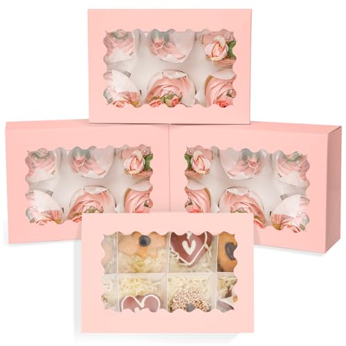 qiqee Pink Auto-pop up 6 Cupcake Boxes with Window 30 Packs Cupcake Box 9.4"x6.1"x3.3" Bakery Boxes For Cupcakes Carrier, Cupcake Containers - color: Pink, size: 6 Holder/30 Packs