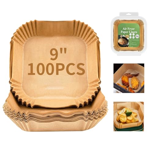 Air Fryer Disposable Paper Liner, 100PCS 9" Natural Parchment Paper for Air Fryer Oil-proof Water-proof, Food Grade Parchment for AirFryer, Steamer, Microwave Etc - size: 9" Square