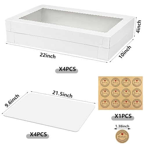 4 PCS 22x10x4inch White Rectangular Cake Boxes with Window and Cake Boards - size: White 22×10×4
