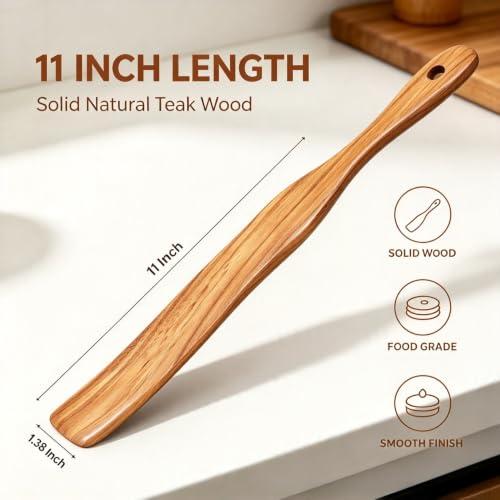 Spurtle for Sourdough Starter, Dough Mixing, Reaching Jar Bottom, High Moisture Resistant Natural Teak Wood, Wooden Bread Making Tool for Non-Stick Cookware
