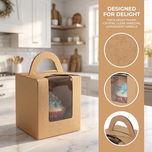 Jucoan 100 Pack Cupcake Box, Kraft Paper Individual Cupcake Container with Window and Handles, Bulk Single Cupcake Packaging Box for Muffin, Cocoa Bomb, Party Favor Pastry Treat Boxes