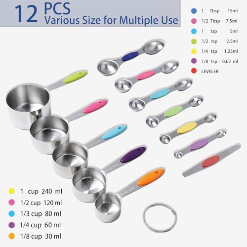 12 PCS Measuring Cups and Spoons Set Stainless Steel, 5 Measuring Cups with Colorful Silicone Handle and 6 Double-Sided Magnetic Measuring Spoons & 1 Leveler for Cooking and Baking (5+6+1)