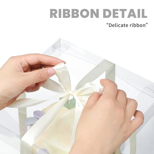 8 Pcs Clear Gift Box with Ribbon 2-Layer 6.7x6.7x7.8 Inch, Transparent Cake Carrier Box with Lids, PET Tall Cake Packaging Boxes, Clear Gift Boxes for Birthday,Wedding and Festival Party - size: 6.7*6.7*7.8 in