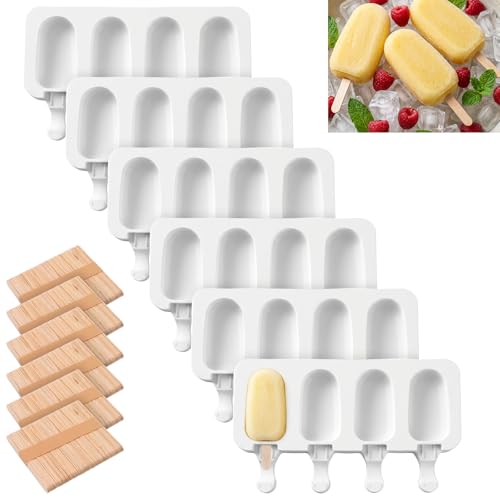 6 Set Cake Pop Mold Kit,4 Cavity White Cakesicle Molds Silicone,Oval Ice Cream Mold Cake Pop Maker Supplies Accessories with 300 Pieces Wooden Sticks for DIY Ice Cream Cakes