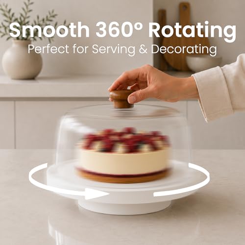 Rotating Acacia Wood Cake Stand with Lid Anti-Mold 12 Inch - 2-in-1 Wooden Charcuterie Board - Covered Dessert Plate with Acrylic Dome - Vintage Pastry Display - Tall Domed Serving Stand Platter - White - color: R - White