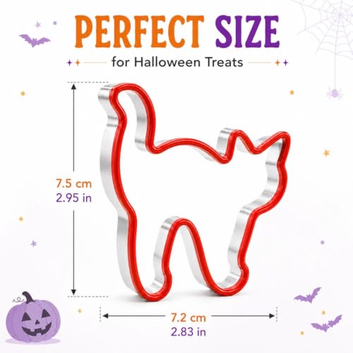 Cat Halloween Cookie Cutter, Stainless Steel Baking Mold | Cat-shaped cutter with silicone top edge for cookies, fondant, pastry, sandwiches and Halloween baking - color: Red