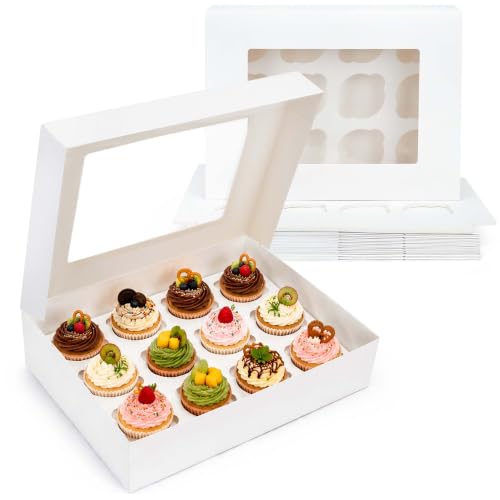 LotFancy 12pcs Cupcake Boxes, 12 Count Bakery Boxes with Windows & Inserts