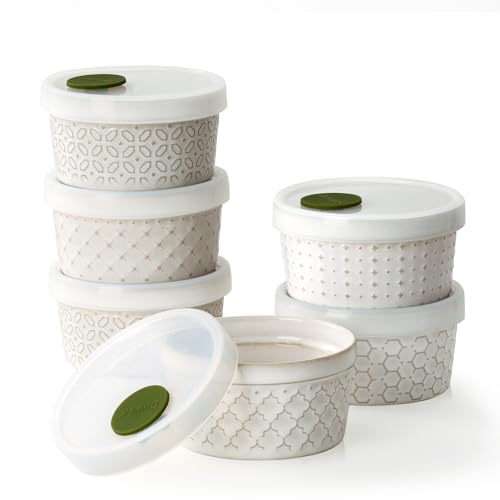 DOWAN Ramekins Oven Safe with Lids 4 oz, Charcuterie Boards Bowls Set for Creme Brulee, Souffle, Dipping Sauces, Custard Cups Ceramic Food Storage Containers, Set of 6, Beige - size: 4 oz