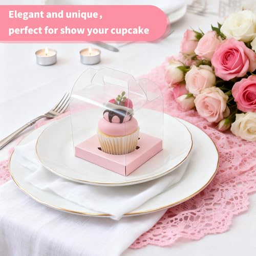 24 Count Individual Cupcake Containers, 4inch Cupcake Boxes Individual, Clear Cupcake Carrier(24, Pink) - color: Pink