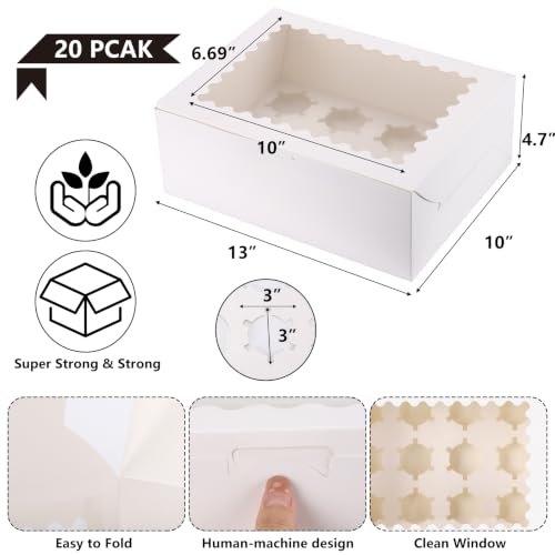 Tbestmax 20 Sets 12-Count Cupcake Boxes, 4.7 in Extra Tall Cupcake Containers with Windows & Inserts for 240 Cupcakes, White Pastry Boxes and 2 Rolls of Ribbon for Bakery, Parties, Weddings