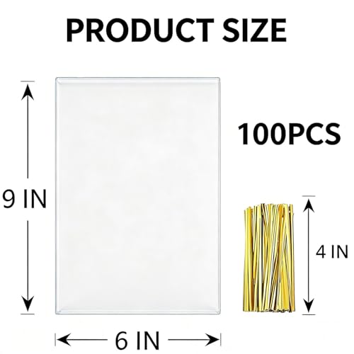 Clear Cellophane Treat Bags with Gold Twist Ties 100 Pcs 6×9 Inch Perfect for Candies, Cookies，Party Favor Packaging - color: Clear