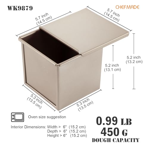CHEFMADE Square Pullman Loaf Pan with Lid, 1Lb Dough Capacity Non-Stick Rectangle Flat Toast Box for Oven Baking 5.3" x 5.3"x 5.2"(Champagne Gold) - size: 03 - 1Lb Dough-Cap. Flat