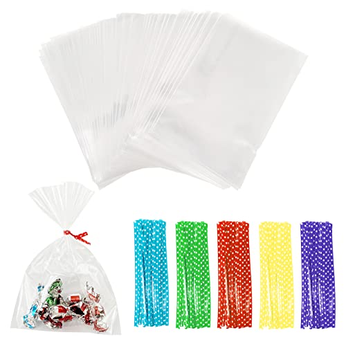 Newkita 100PCS Small Cellophane Bags, 5x7 Clear Gift Rice Crispy Candy Cake Pop Party Favor Bags with 4’’ Ties Christmas Thanksgiving Halloween Treat bags - size: 5x7 Inch