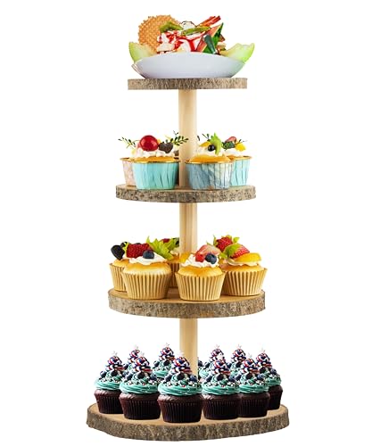 Wooden 4-Tier Rustic Cupcake Stand for Wedding Cakes, Tiered Dessert Tower Display Centerpiece for Parties, Events & Celebrations