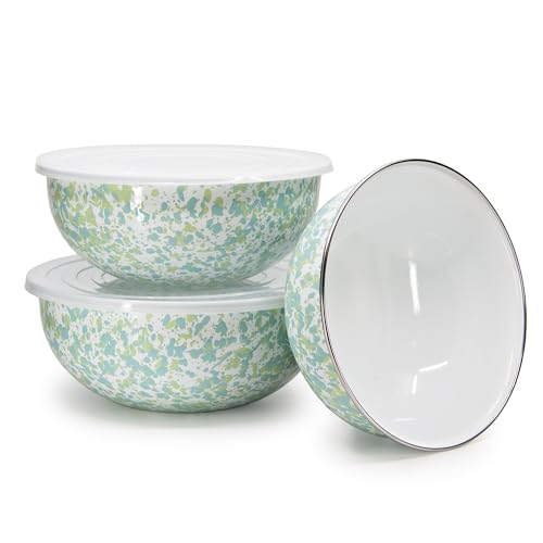 Golden Rabbit Enamelware Nested Mixing Bowls with Lids, Set of 3, Jardin Swirl - color: Jardin Swirl